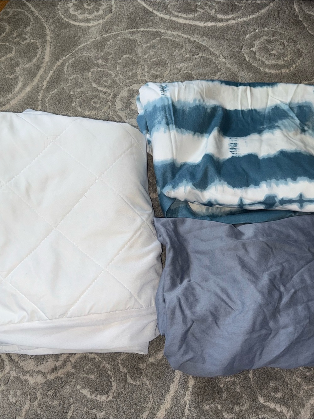 Set of Three crib Bedding Pieces - White, Blue Tie-Dye & Slate Blue